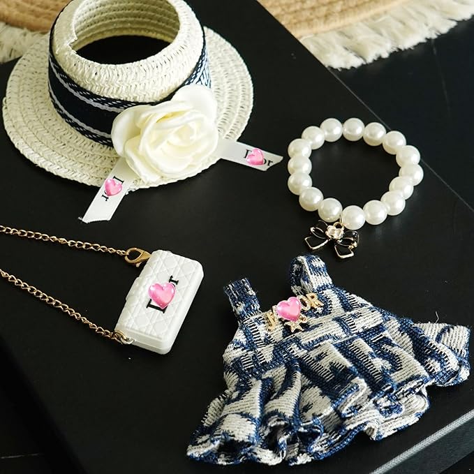 17cm Doll Clothes Set with Fashion Accessories - Premium Luxury Baby Doll Outfits & Designer Clothes Bundle, Unique Fashion Style Dresses with Hat & Pearl Necklace & Bag Accessories(Blue)