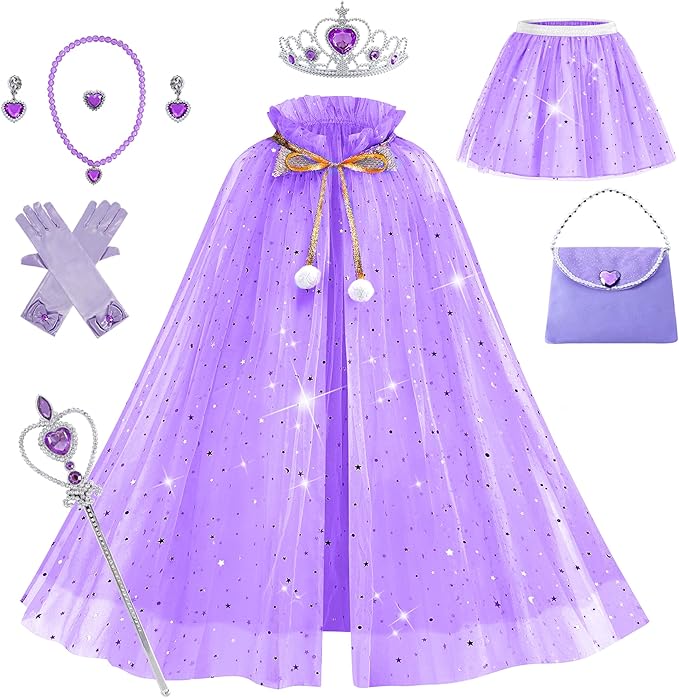 Princess Cape Set for Little Girl, 11PCS Princess Dress Up Clothes Cape Clock with Skirt for Girl 3-8 Birthday Gift