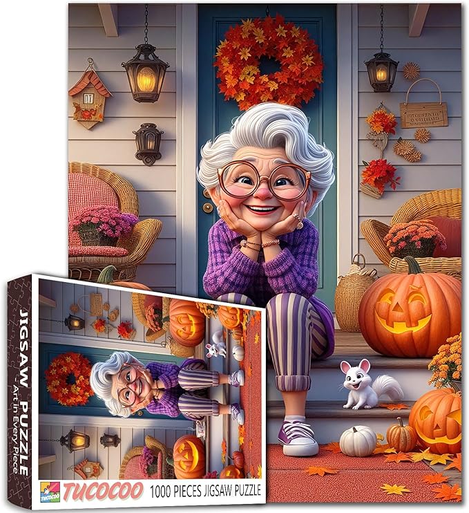 Cheerful Grandma on Porch with Autumn Pumpkins 1000 Piece Jigsaw Puzzle for Adults Students 20×27 Inches Fall Jigsaw with Smiling Elderly Woman Halloween Decor Colorful Leaves Gift for Puzzle Lovers