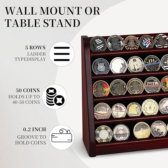5 Rows Challenge Coin Holder Display Stand Holds 50 Coins for Wall Mount or Tabletop, Solid Wood Military Coin Rack Display Case for Army Collectibles, Mahogany
