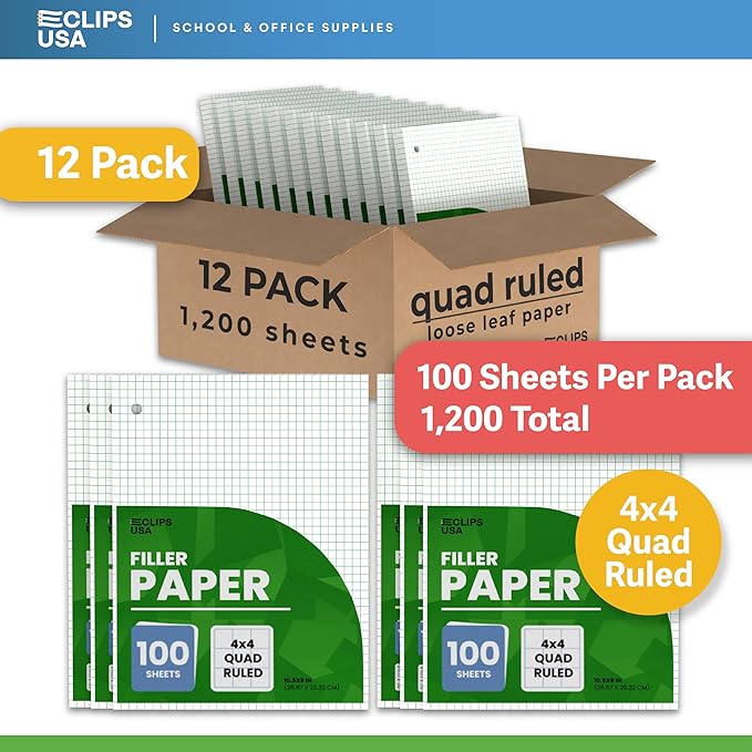 Loose Leaf Graph Paper (12 Pack), 4 x 4 An Inch Quad Ruled Graph Paper, 10.5” x 8” Graphing Paper, 100 Per Sheets Per Pack, 60 gsm (12 Pack)