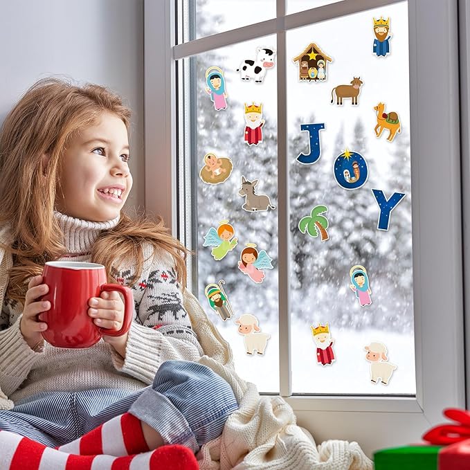 20 PCS Christmas Window Decor Nativity Thick Gel Clings Religious Christian Decoration Jesus Birth Window Clings Decals for Kids Toddlers Home Airplane Xmas Yuletide Party Classroom Nursery