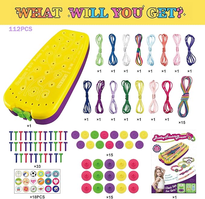 Braided Friendship Bracelet Making Kit for Girls 6-12, DIY Arts & Crafts String Toy Bulk Set, Kids Paracord Jewelry Maker, Popular Creative Christmas Birthday Gifts for Kids Ages 7 8 9 10 11(112PCS)