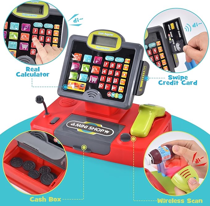 G.C Kids Cash Register Toy Pretend Play with Real Calculator Sound Scanner/Shopping Cart/Food/Play Money, Learning Counter Grocery Store Playset Toys Gift for Kid Boy Girl Age 3 4 5 6 7 8 Years Old