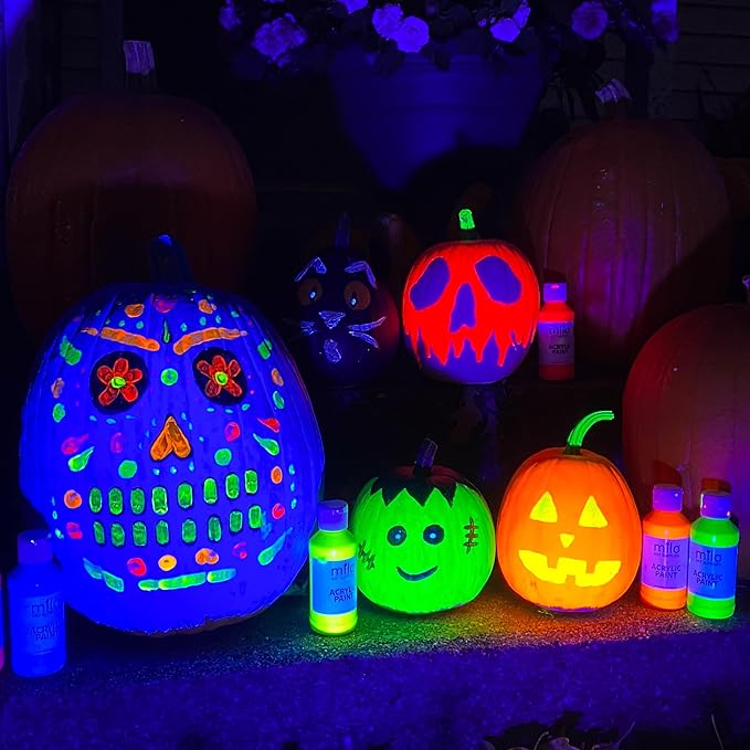milo Fluorescent Neon Washable Paint for Kids | 16 oz Bottles 6 Colors | Made in the USA | Glows UV in Black Light | Safe & Non-Toxic Tempera Paint for Art & Craft, Poster, Window, for Children, Toddler, Classroom, School, Project