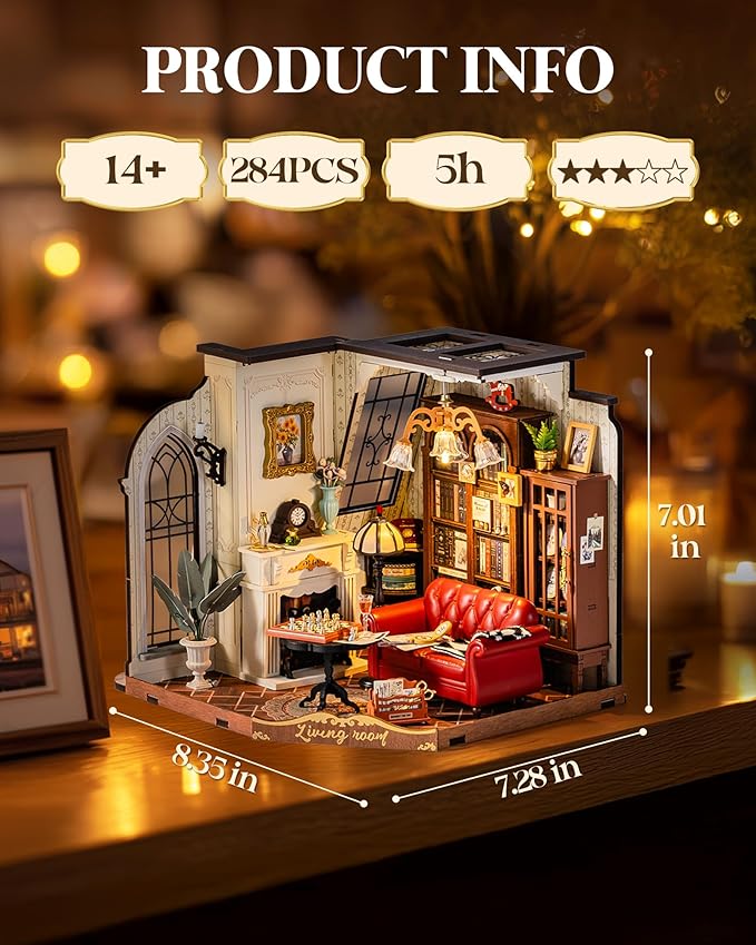 ROBOTIME DIY Miniature House Kit, Mini Dollhouse Kit, Tiny House Kit for Adults, Wooden Furniture Kit with LED, Halloween/Christmas/Birthday Gifts for Family/Friends(Catherine's Living Room)