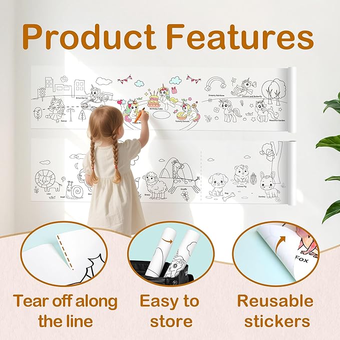YPLUS Children Drawing Roll, Coloring Paper Roll for Kids, 120 x 11.8 Inch Sticky DIY Painting Drawing Paper Rolls for Toddler, Kids' Gift, Party Activities, Wall Coloring Paper Stickers - Unicorn