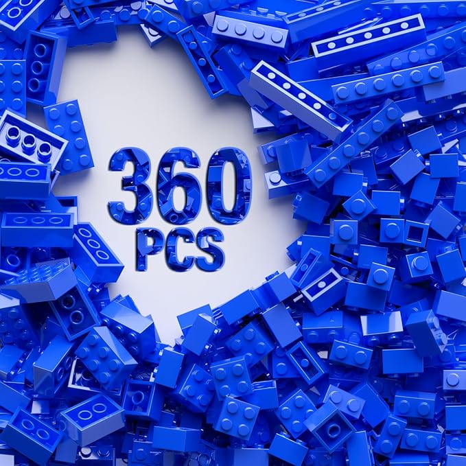 360 Piece Blue Classic Building Blocks Bulk, 7 Sizes Building Bricks Assortment Pack, Compatible with Lego Parts and Pieces (Blue)