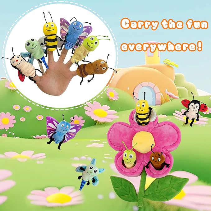 6pcs Insect Finger Puppets Bringing a Flowers House, Novelty Animals Toys Puppet for Kids, Storytelling Role-Playing Plush Finger Puppets Gifts for Boys and Girls