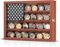 Challenge Coin Display Case, Lockable Solid Wood Military Coin Holder Cabinet with Star Flag Board and Anti-Fade Acrylic Front, Wall Mounted 4-Tier Coin Collection Shadow Box Rack (Brown)