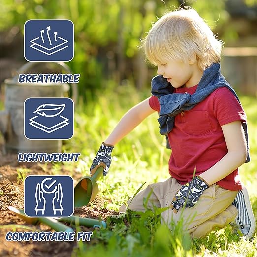 HANDLANDY Kids Genuine Leather Gardening Gloves for ages 3-11, Children Toddler Work Outdoor Playing Gloves for Boys Girls Gift (Medium (for age 5-7), Blue)