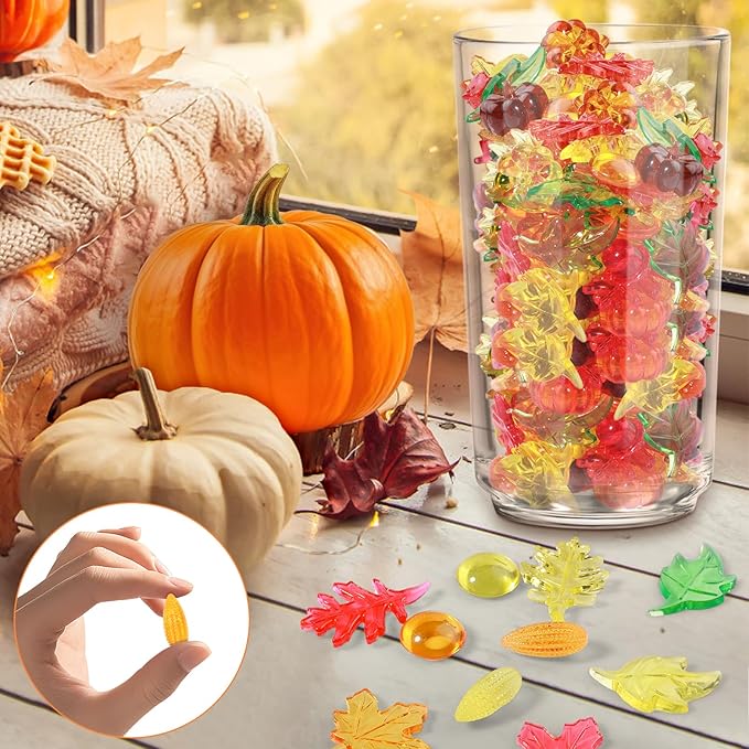 Draupnir Fall vase Filler,162 Pcs Sensory bin Filler Acrylic Pumpkin Leaves Acorn Gems Corn Fall Sensory bin Items for Thanksgiving Home Table Scatters Decoration Thanksgiving Craft Vase Fillers