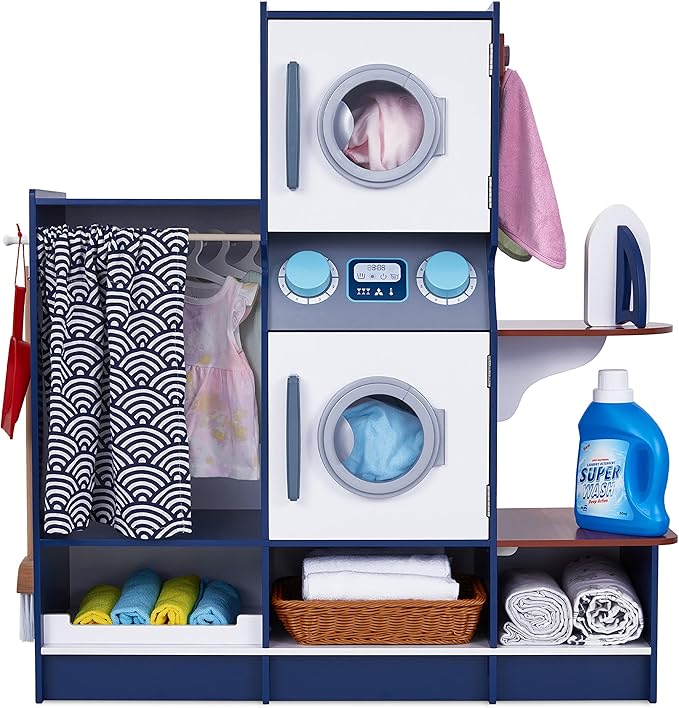 Lil' Jumbl Kids Washer and Dryer Playset, Wooden Children's Pretend Laundry Set, Includes Broom, Dustpan, Iron, Hangers & Basket, Realistic Laundry Room for Kids