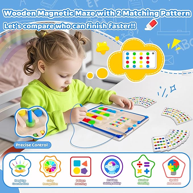 FCSONU Kids Magnetic Color Matching Puzzle Board Toys, Toddler Montessori Toys for 3 4 5 6 Years Old Boy Girls Birthday Gifts, Wooden Sensory Autistic Puzzle Maze Game Age 3-6, Preschool Activities