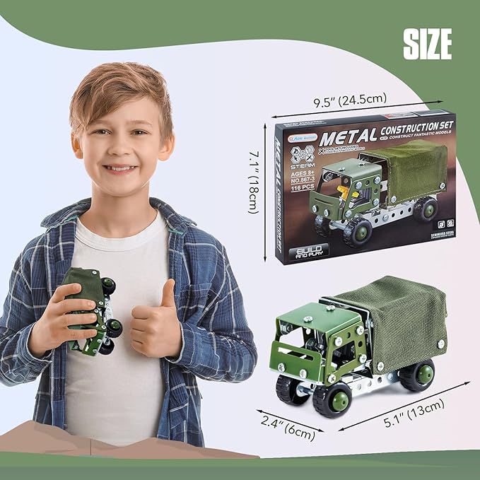 Military Truck STEM Building Toy Set for Boys Age 8-12 - Metal Army Toys Model Car Kits - Engineering Projects for Kids 6-10 - Vehicles