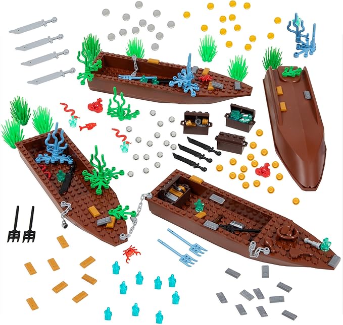 Barcaloo 194 Piece Building Bricks Accessories Kit - Pirate Ship Parts & Pieces Set with Boats, Treasure, Weapons, Plants & Wildlife Parts - Building Block Accessory Set, Compatible with Major Brands