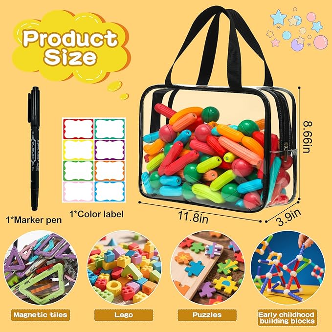 Toy Storage Bags - 6 Packs Toy Storage Organizer with Labels & Pen for Kids, Reusable Clear PVC Board Game Storage with Zipper, Waterproof Travel Bags for Building Blocks, Puzzles (Black)