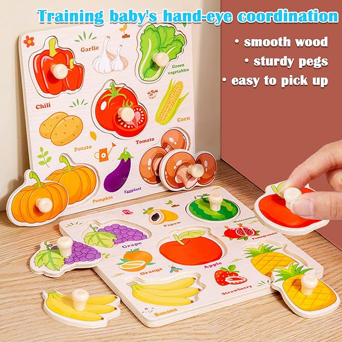 Wooden Puzzle for Toddler 1-3, 8Pcs Peg Puzzles for Toddler 2-4, Learning Puzzles Set, Wooden Puzzles Peg-Animals, Dinosaur, Fruits, Vegetable, Insect Great Preschool Gifts for Girls Boys