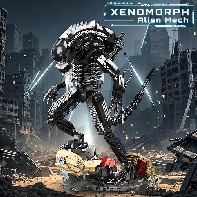 HIGH GODO Alien Mech Xenomorph Warrior Building Sets for Adult, Horror Action Figure Toy with Base,Gifts for Boys Aged 8-14, Perfect for Birthdays Christmases Halloweens, 882 Pieces