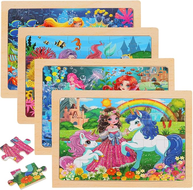 Wooden Puzzles for Kids Ages 4-6, 24 Piece Unicorn Mermaid Princess Jigsaw Puzzles 4 Packs, Preschool Toddlers Learning Activity Puzzles Toys for Girls 3 4 5 6 Years Old