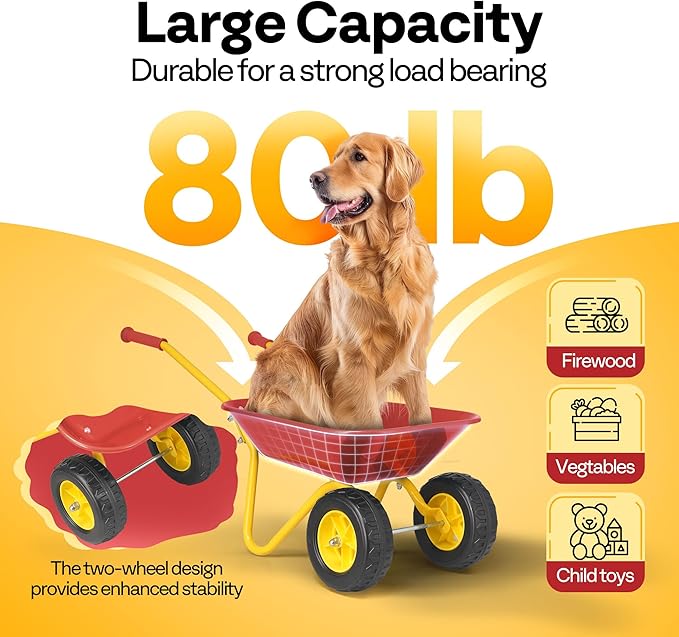 VIVOHOME Kids Wheelbarrow Children Garden cart with Toddler Gardening Tool Set Child Wheel Barrel Outdoor Indoor Toys Gift Red