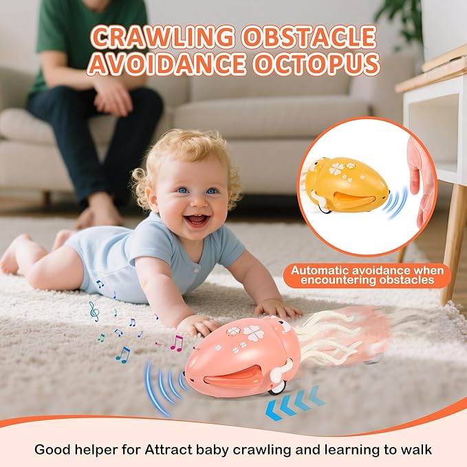Dancing Octopus Toy with LED Lights and Music, Fishing Rod, Automatic Avoidance, Crawling, Tummy Time Toy, Suitable for Children 3 Years and Older, Birthday Gift (Pink)