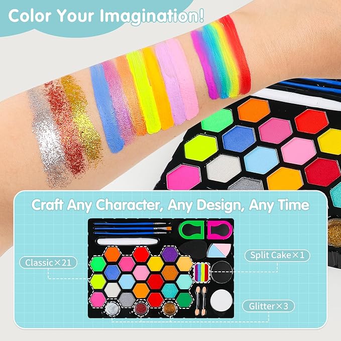 Face Painting Kit for Kids 24 Colors Water-Based Non-Toxic Face Paint Palette With Brushes&Stencils, Hair Chalk, Gems, Glitters, Crayon, Halloween Makeup Kit for Parties, Cosplay, Face Body Art