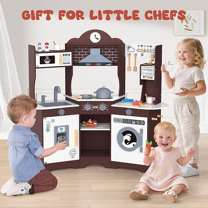 ANPABO Play Kitchen for Kids, Wooden Kids Kitchen Playset for Toddlers with Lights & Sounds, Pretend Play Toys with Coffee & Ice Maker, 30Pcs Toy Kitchen Accessories Gift for Boy&Girl (Espresso)