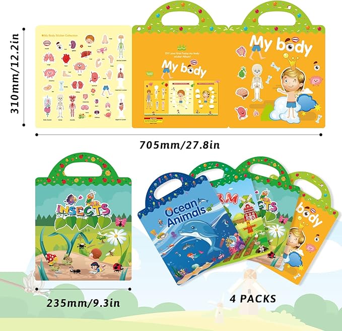 Reusable 4-Set Sticker Books for Toddlers 2-4, Toy Stickers Pad Reusable Sticker Books for Toddlers 1-3 Fashion Activity, Birthday Gift Toy for Girl Boy(Farm, Ocean Animals, Insects,Body)