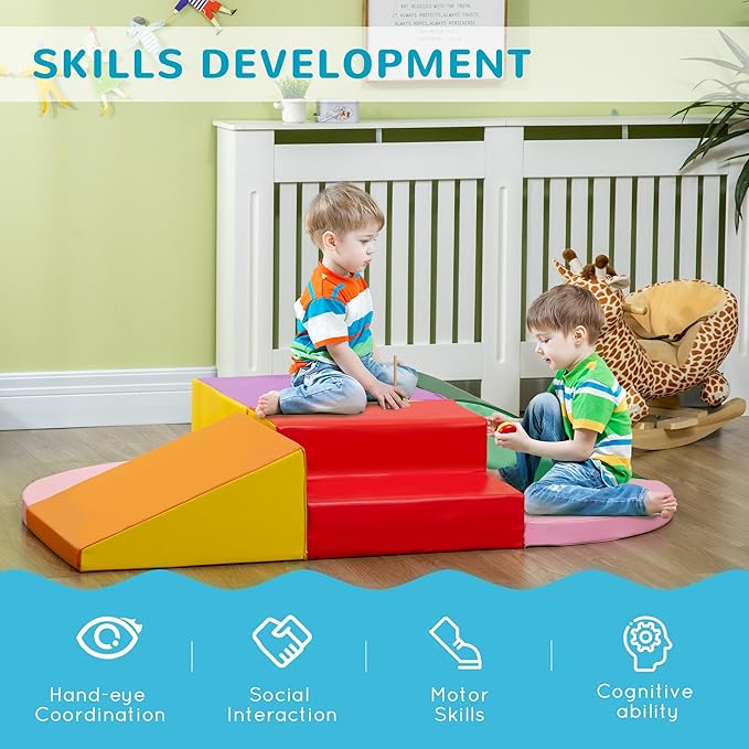 Qaba Kids Soft Play Set, 6-Pieces Foam Climbing Blocks for Toddlers 1-3 Years, Indoor Kids Baby Activity Play Set for Climb and Crawl, Assorted