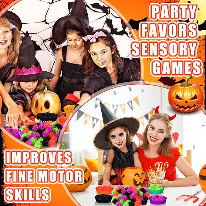 Leitee 71 Pcs Sensory Bin Filler Include 60 Hedge Balls 4 Tweezers 2 Scissors Clips 5 Cups Fine Motor Skills Toys Set for Boys Girls Early Education and Counting Sorting Training(Black,Halloween)