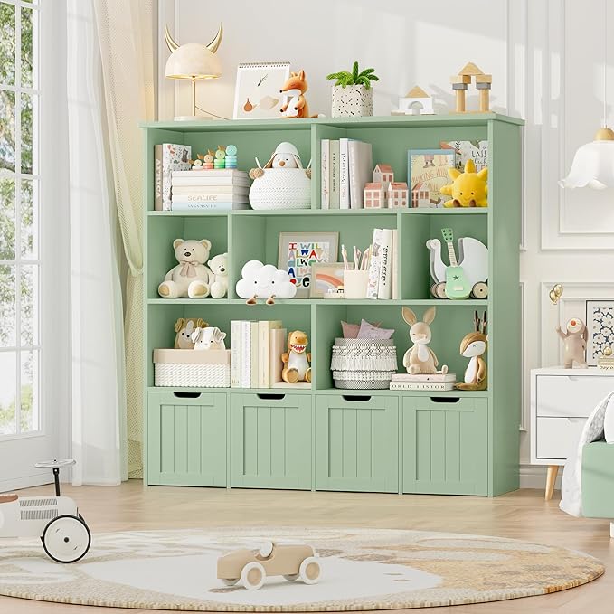 FINETONES Toy Storage Organizer, Kids Bookshelf with 4 Movable Chests and 7 Storage Cubes, Toy Chest Storage with Hidden Wheels, Toy Organizers and Toy Storage, Green
