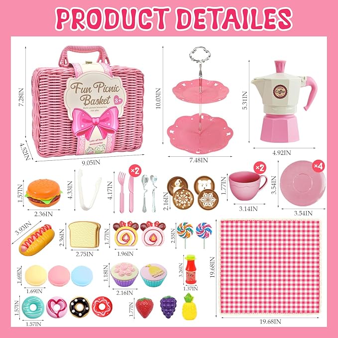 Pink Pretend Afternoon Tea Party Set with Storage Basket, Play Food & Accessories for Girls, Tea Party Set for Toddlers Indoor Outdoor Pretend Play, Kids Picnic Basket Toy Gift for Ages 3-8