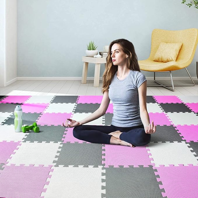 qqpp EVA Rubber 18 Tiles Interlocking Puzzle Foam Floor Mats - Baby Play Mat for Playing | Exercise Mat for Home Workout. White, Pink, Gray. QC-ACLb18N