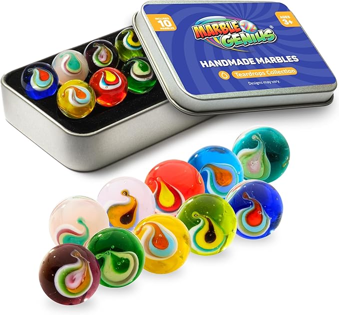Marble Genius Collectors Marbles, Teardrop, 16mm (⅝ Inch), 10 Handmade Glass Marbles, Gifts for Marble Lovers, Gifts for Kids Ages 3+