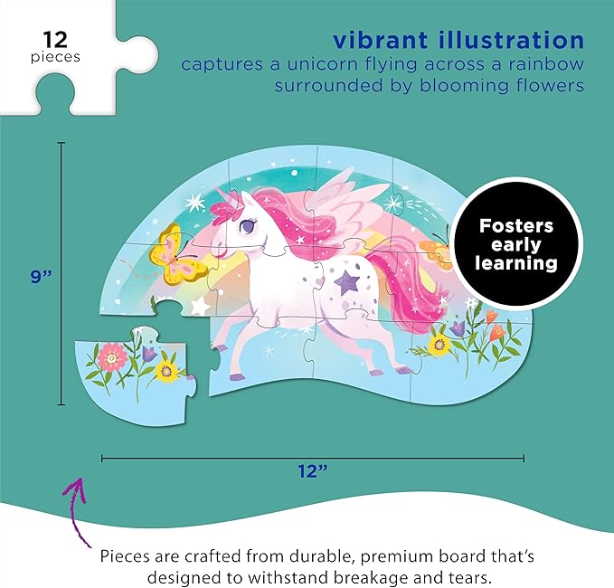 Crocodile Creek 12-Piece Mini Jigsaw Puzzle - Fun Floor Puzzles for Kids Ages 2-4 and Up - Heavy-Duty Shaped Box for Storage - Sweet Unicorn - 12" x 9" Finished
