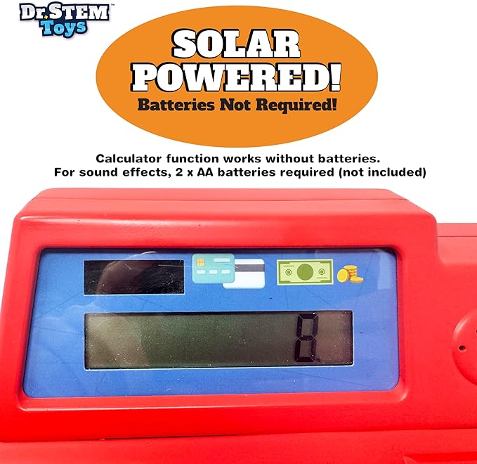 Dr. STEM Toys Solar Powered Calculator Pretend Cash Register with Play Money – 67-Piece Set for Learning Math Skills, STEM Cash Register for Kids, Red