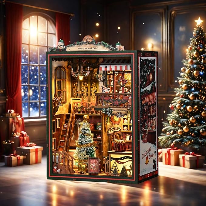 Book Nook Kit - DIY Miniature Dolls House Kit with Furniture and LED Light, 3D Puzzle Wooden Art Bookends, Model Kits for for Adults and Teens (Christmas Shop)