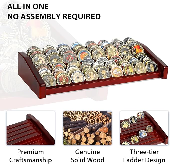 Challenge Coin Holder Display Case - 2 Tiers Solid Wood Military Coin Rack for 60-70 Coins, Army Coin Stand for Desk Display, Mahogany