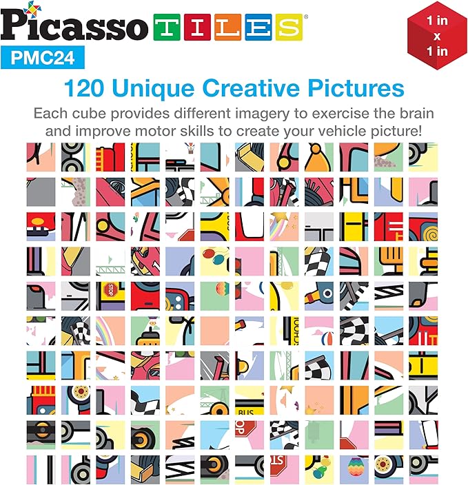 PicassoTiles Magnetic Cube Puzzle 6-in-1 Vehicle Theme Pattern Magnet Brain Teaser Cubes Building Block 120 Pictures Toy Set Kids Ages 3 & Up Preschool Children Promotes Problem PMC24