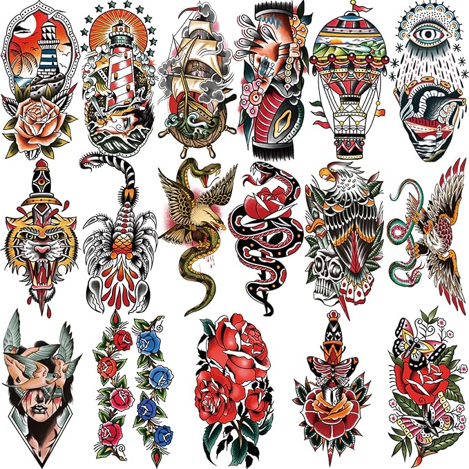 Yazhiji 77sheets Waterproof Temporary Tattoos，Old School Tattoo，Sailor Jerry Style Vintage Classical Fake Tattoo, American Traditional Flower Rose Arm Stickers for Women Men Adults Kids