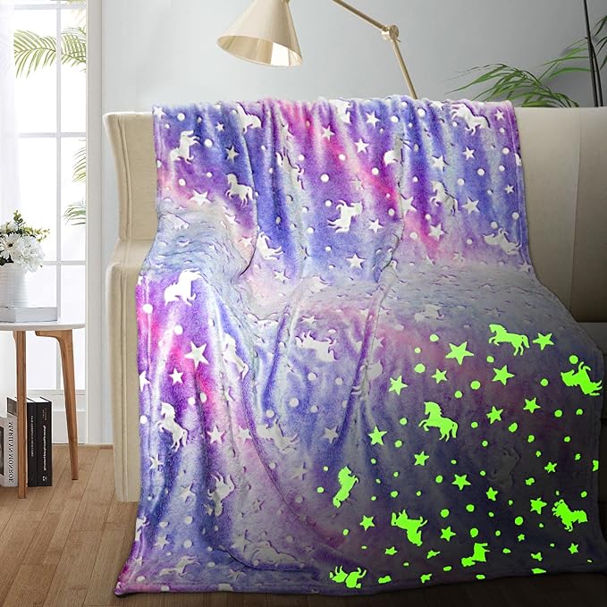 Unicorn Glow in the Dark Kids Blanket, 50"x60" Soft Fleece Throw for Girls Age 3-12