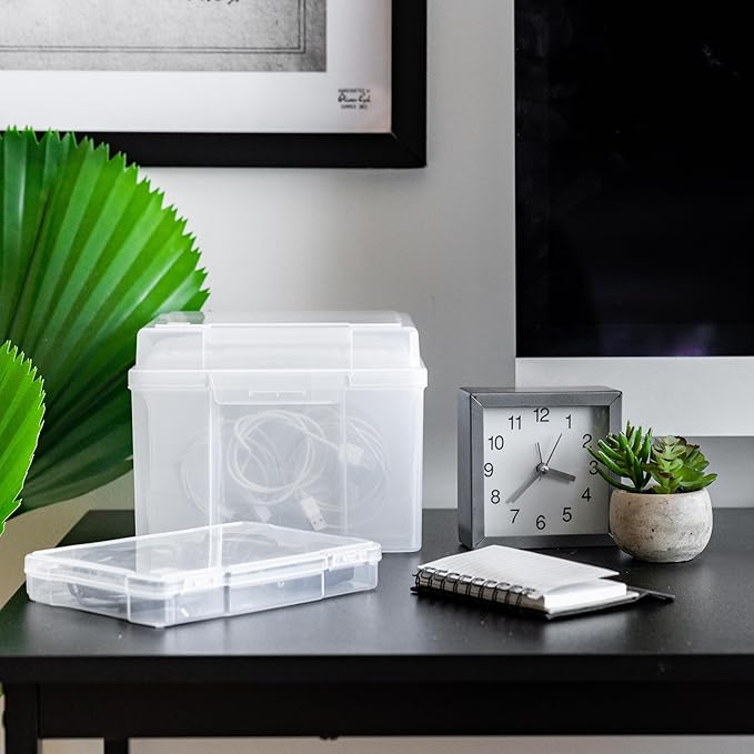 IRIS USA 5" x 7" Photo Storage Box Craft Keeper, Transparent Protection Container with 6 Organization Holder Cases for Pictures, Tasks, Scrapbooking, Stationery Storage, Clear