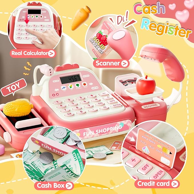 49PCS Pretend Play Cash Register Toy Set for Kids with Real Calculator,Scanner,Microphone,Conveyor Belt,Weighing Tool,Cashier Playset Realistic Gift for Toddler Kid Ages 3 4 5 6 7 8（Pink）