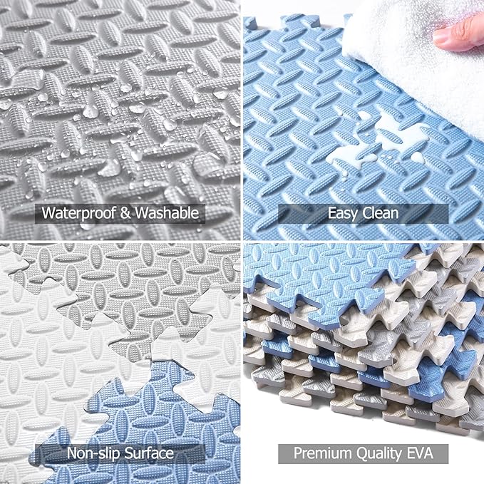 Foam Floor Mats for Kids, 12 x 12 Inch 16 Tiles 0.4" Thickness Foam Play Mat, Non-Toxic Square Interlocking Floor Mats Rubber Baby Play Mat for Toddlers(White/Gray/Gray Blue)