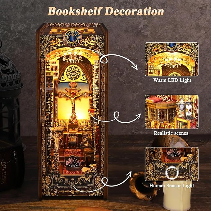 Spobot Book Nook Kit DIY Bookshelf Decor Kit with LED Light 3D Booknook Wooden Puzzle Bookend Stand Miniature Dollhouse Kit Gifts for Adults (Covenant Church)