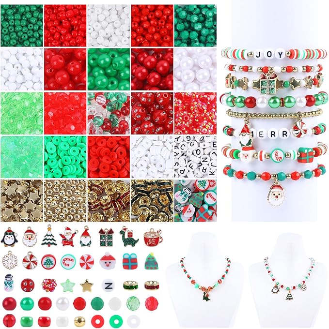 Christmas Beads,2600 PCS +Christmas Bracelet Making Kit Friendship Bracelet Kit with Clay Bead Pearl Letter Round Beads, Charms DIY Beads for Jewelry Making Crafts for Gifts