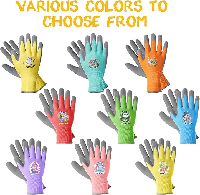 COOLJOB 3 Pairs Kids Gardening Gloves for Age 3-5, Children Toddler Girls Grippy Rubber Coated Work Gloves, Purple & Pink & Yellow (Little Beauty, Small S)