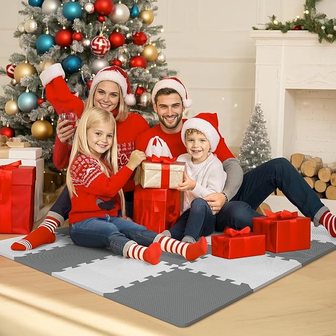16Pcs Baby Play Mat for Floor, Foam Floor Tiles for Kids with Interlocking, Squares Foam Puzzle Carpet for Playroom, Crawling Rug for Babies 6-12 Months,Toddlers,11.8 * 11.8 * 0.6In Each,Grey White