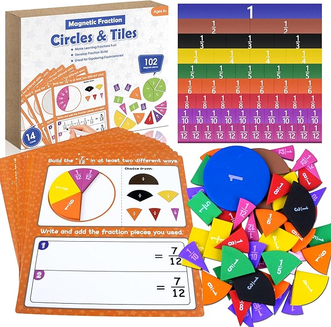 ZKOO Magnetic Fraction Tiles & Fraction Circles Activity Set, Math Manipulatives for Elementary School, Math Learning Magnets Puzzles, School Educational Resources Classroom Educational Kit